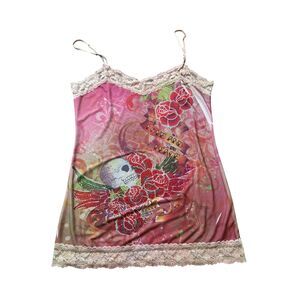 Y2K Lace Trim Cami Top Skull Rose Rhinestone 2000s Emo Punk alt rocker SZ L